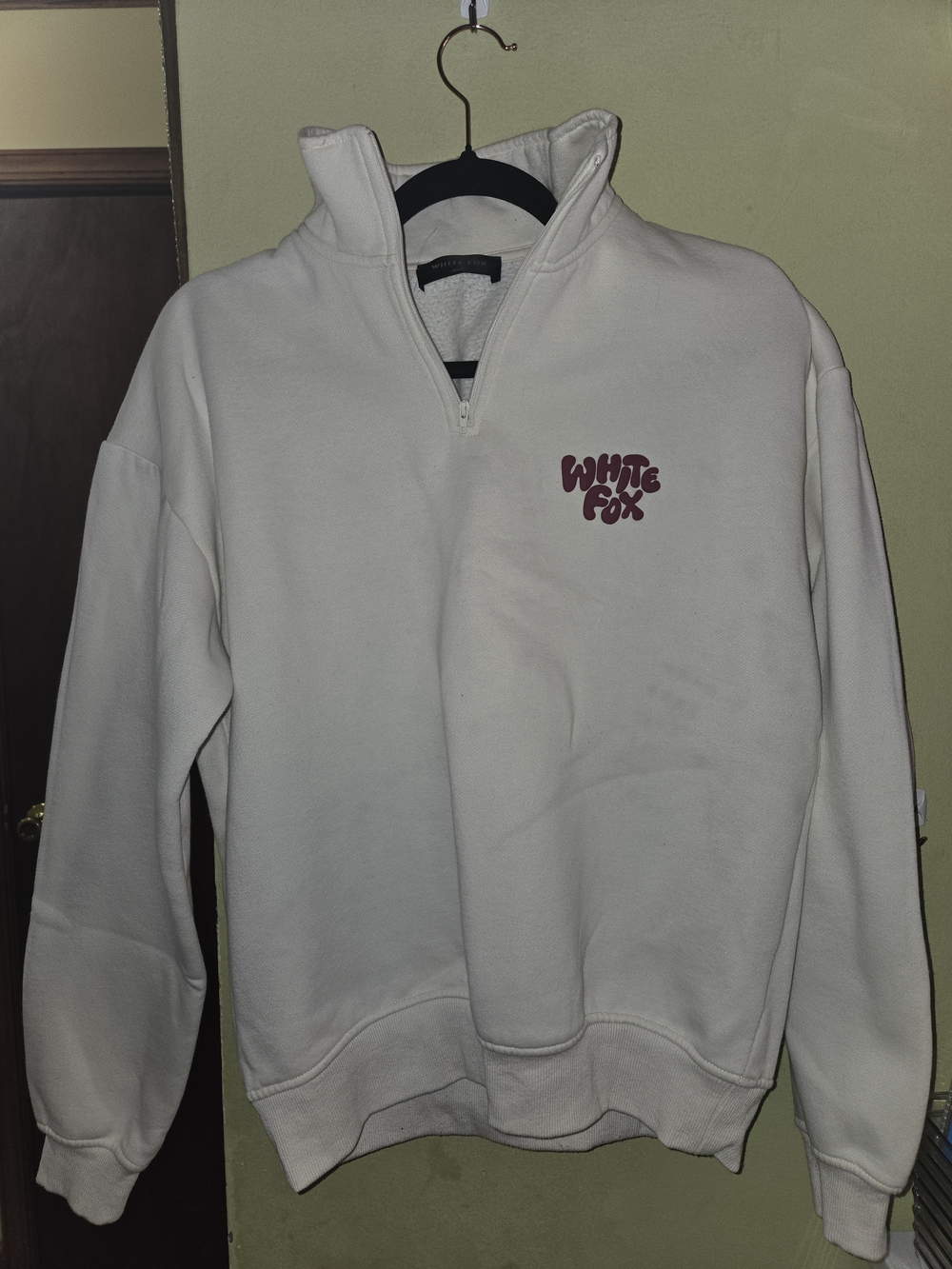 White Fox Boutique Cream Quarter-Zip Sweatshirt with Maroon Logo